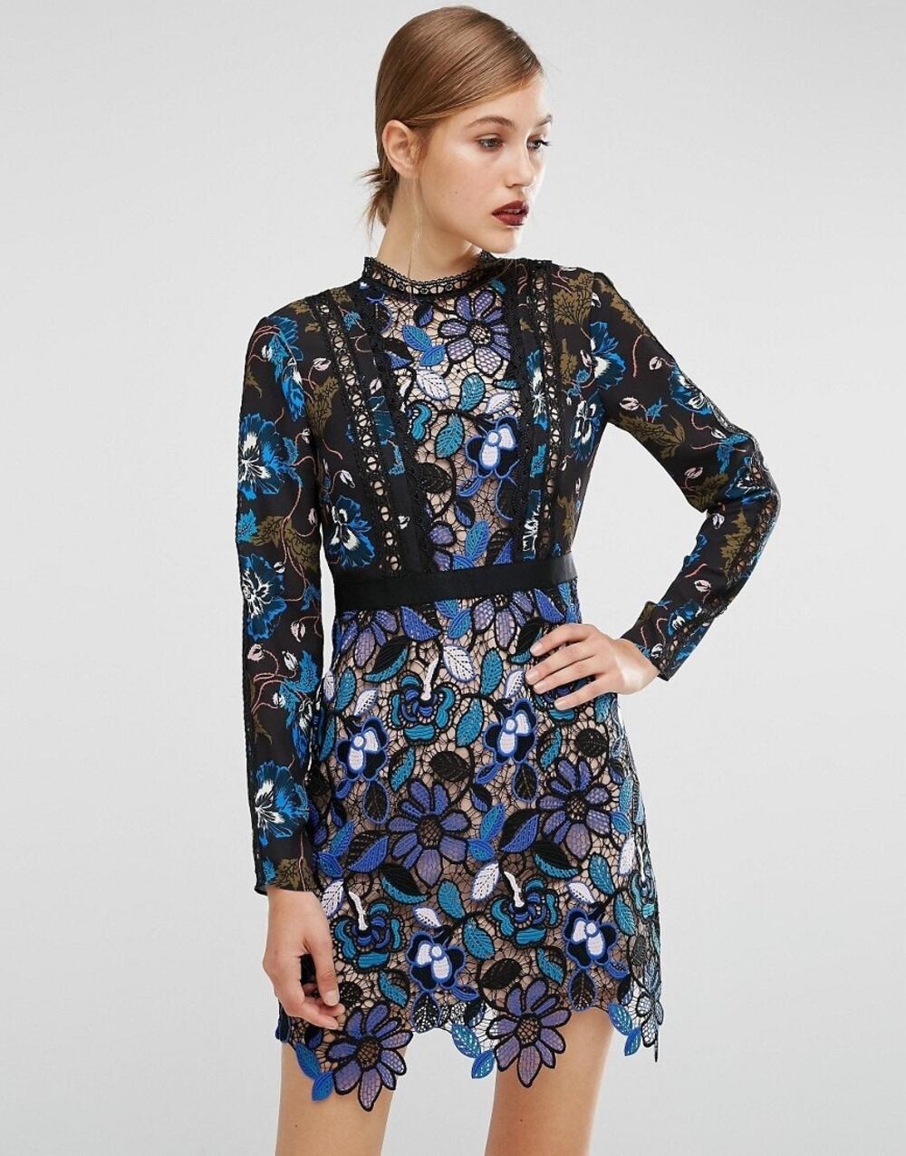 Self Portrait Maxine Floral Lace Mini Dress Blue Black Sheer Long Sleeve US 6
